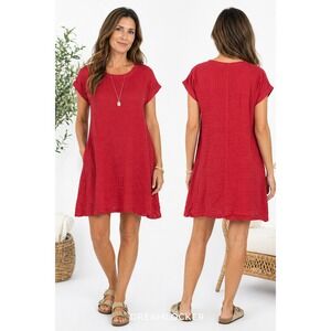 Soft Surroundings Linen Blend Gauze Remi Dress Red Petite Med Boho Relaxed Tunic